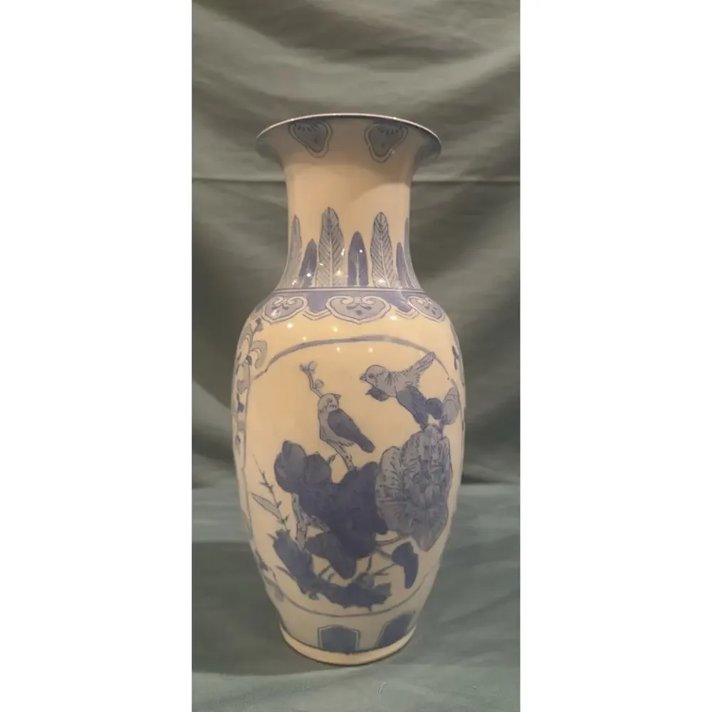 Vintage Blue and White Chinoiserie Porcelain Bird and Floral Baluster Vase